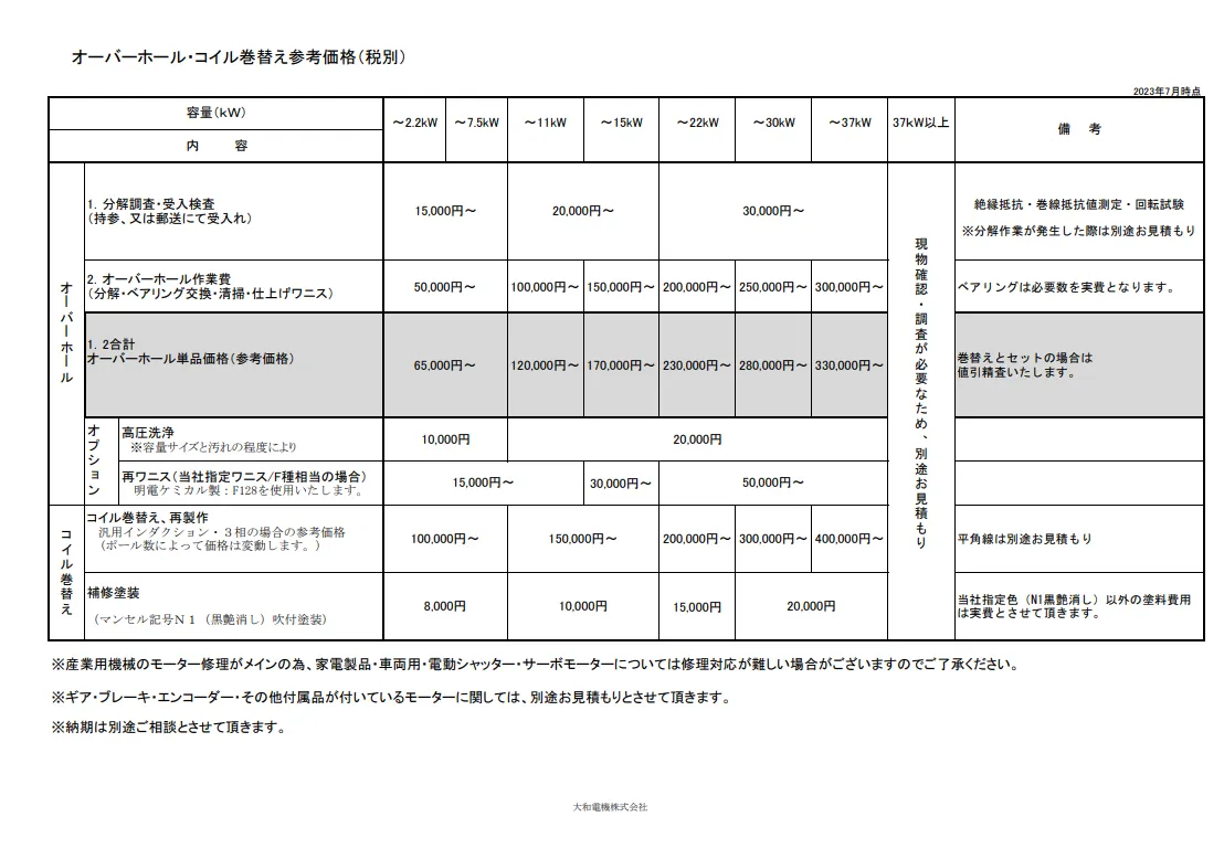 オーバーホール・コイル巻替え参考価格(税別)